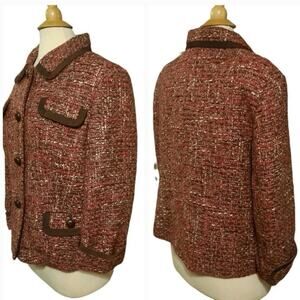 TALBOTS RED BROWN CREAM TWEED WOOL BLEND BLAZER Cropped OFFICE 3/4 SLEEVE Sz 8
